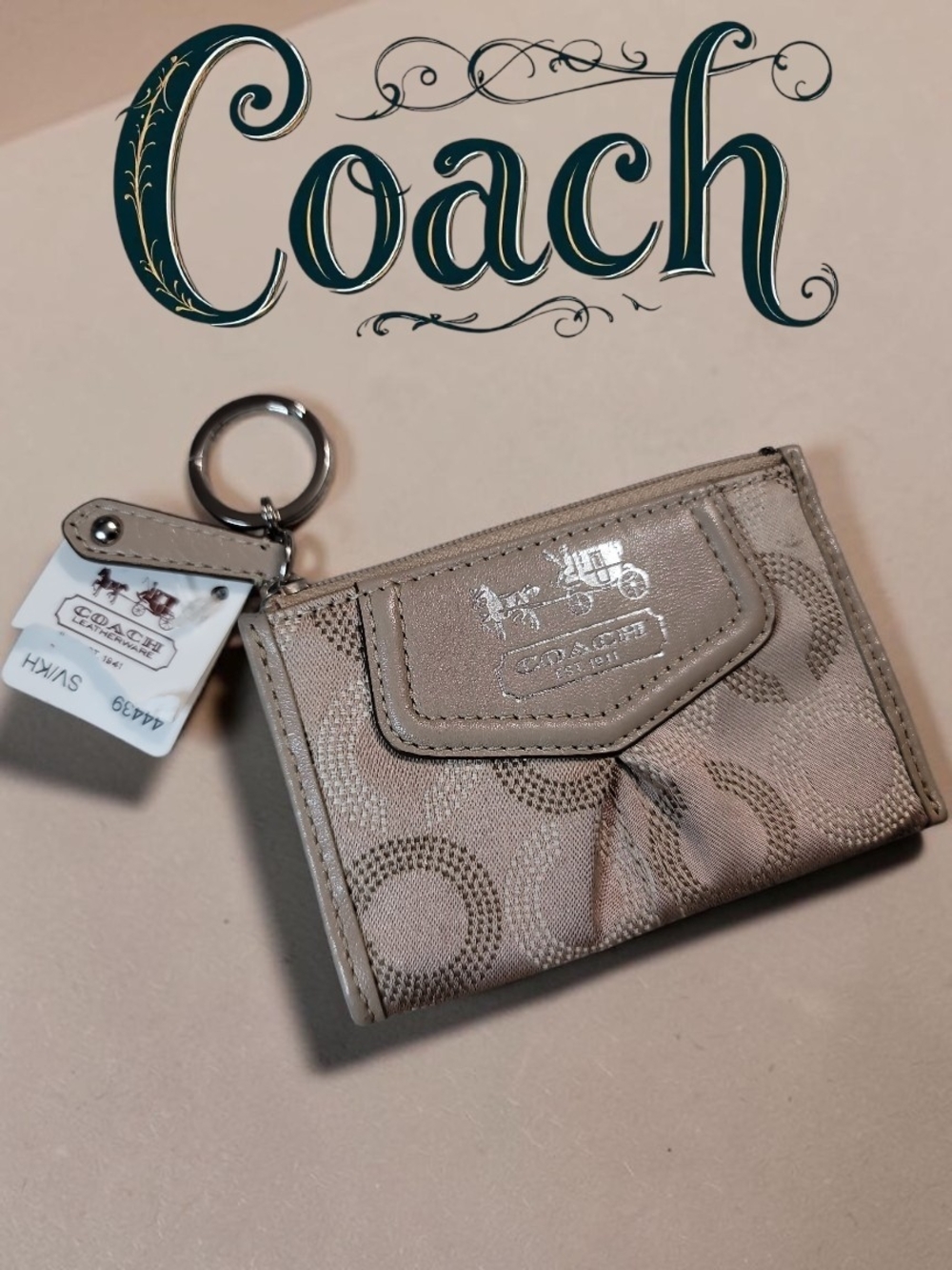 Coach Optic C Taupe Signature Zip Card Case with Keyring NWT